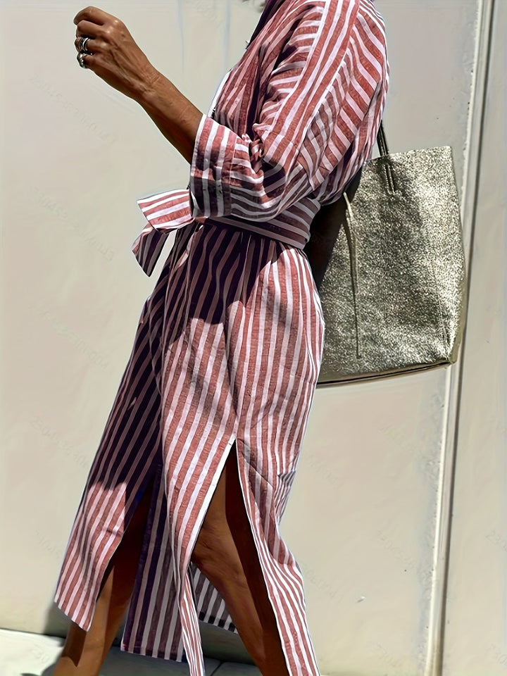 Christine | Striped Print & Button Closure with Belt
