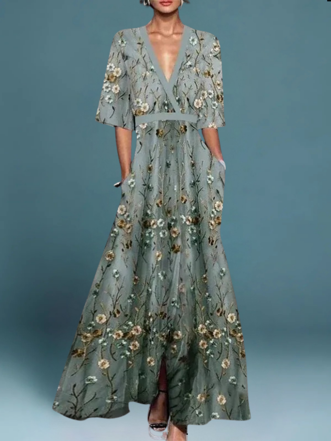 Hazel - Elegant V-Neck Belted Boho Dress
